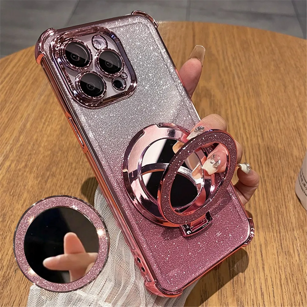 Glitter Shockproof Silicone Case with Mirror Magnetic Holder Stand Cover