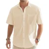 Men's Solid Color Cotton Linen Short Sleeve Shirts Vacation Beach Summer Tops with Pocket Casual Lightweight Button Shirts 1