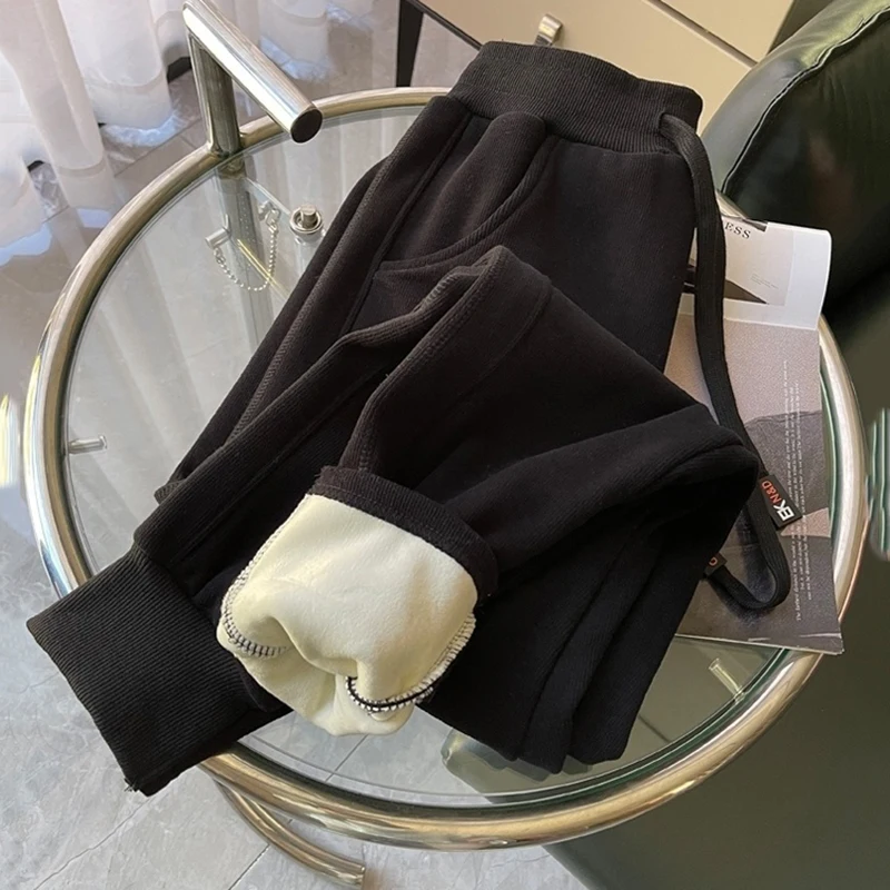 Women Winter Thick Sweatpants Korean Fashion Plus Velvet Lace Up High Waist Harem Pantalones Casual Warm Solid Colors Trousers