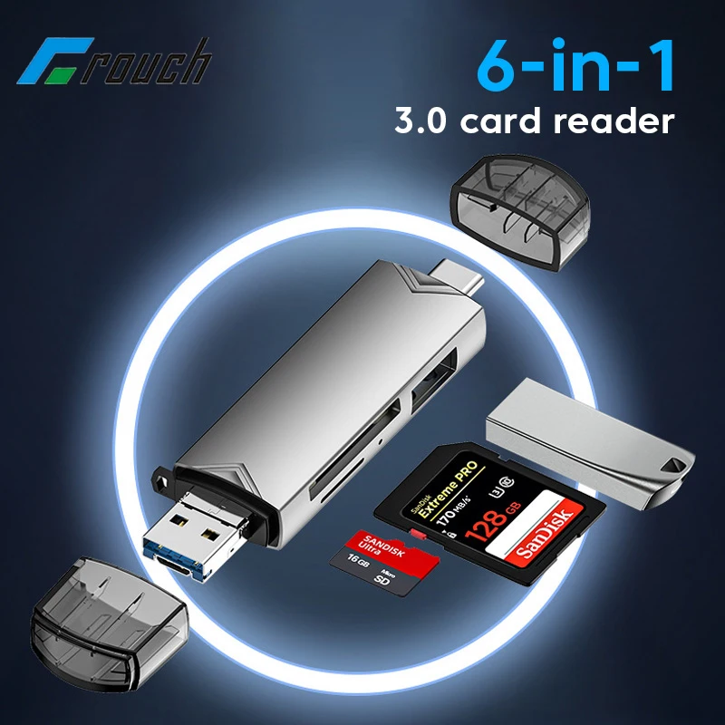 Lecteur de carte mémoire Micro SD TF, transfert haute vitesse, adaptateur OTG, clé USB, lecteur de carte de type C, USB 3.0, 6 en 1