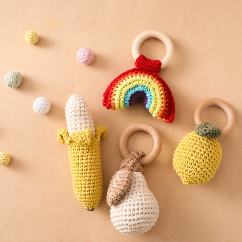 

Baby Fruit Crochet Ratter Toys Wooden Teether Lemon Banana BPA Free Rattle Toy Newborn Rodent Infant Gym Mobile Educational Toys