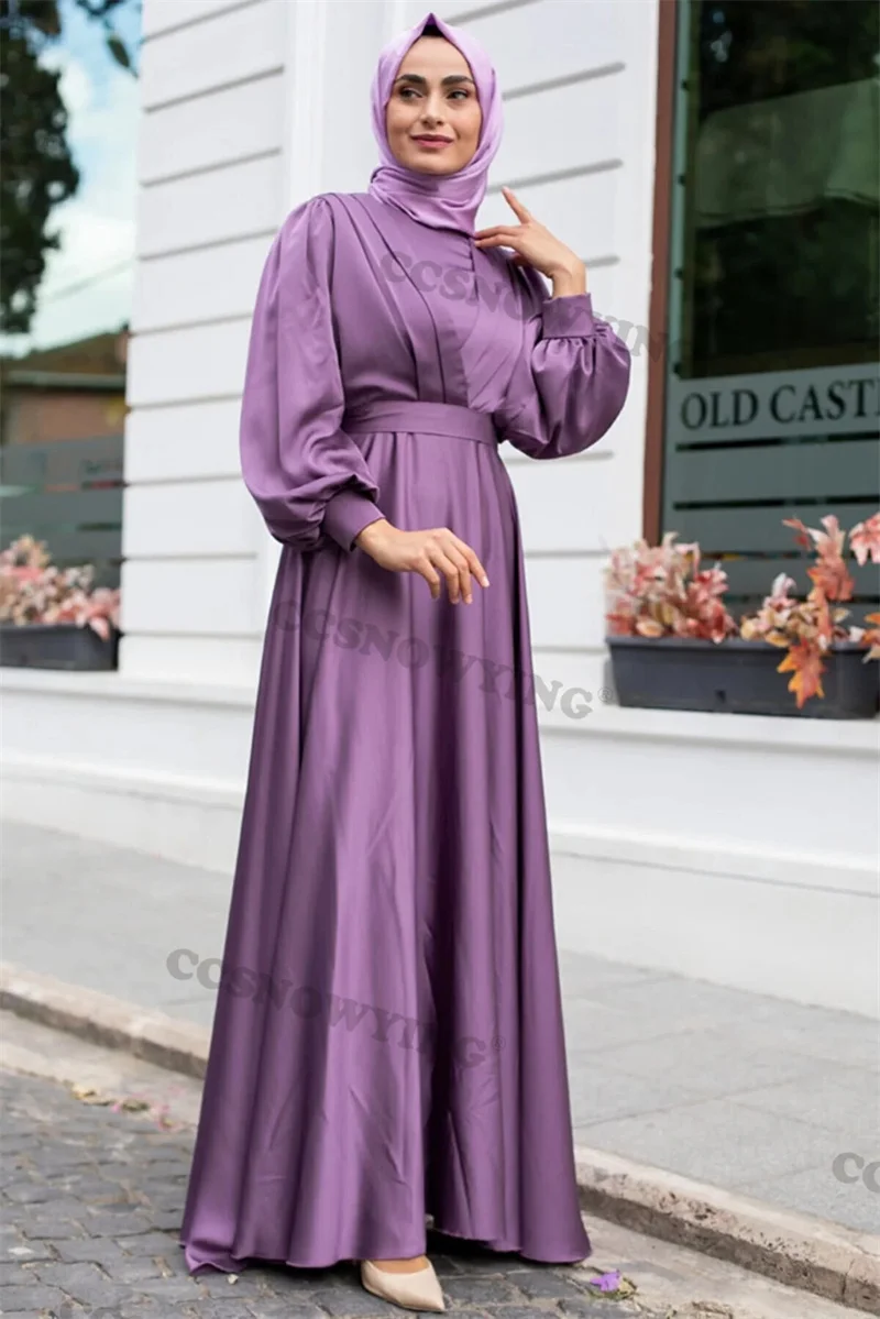 

Simple Satin Muslim Evening Dresses Hijab Long Sleeve Islamic Women Formal Party Gown Moroccan Caftan Robe De Soiree