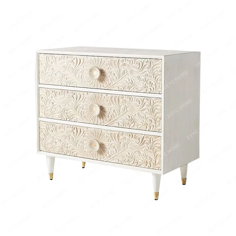 Carved Three-Bucket Cabinet American Retro Distressed Solid Wood Chest of Drawer American Minimalist Villa Curio Cabinet