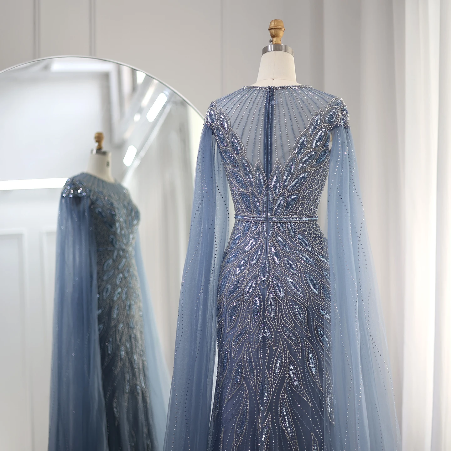 Se6db1692878646e0984e344631e6d092Z Luxury Arabic Blue Mermaid Evening Dress with Cape Sleeves Sage Green Gold Dubai Women Wedding Party Gowns Mallzona