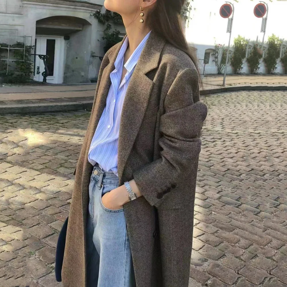 

Women's Winter Vintage Long Wool Blazer Jacket Coat Chevron Classic Midi Woolen Overcoat Warm Outerwears 2023