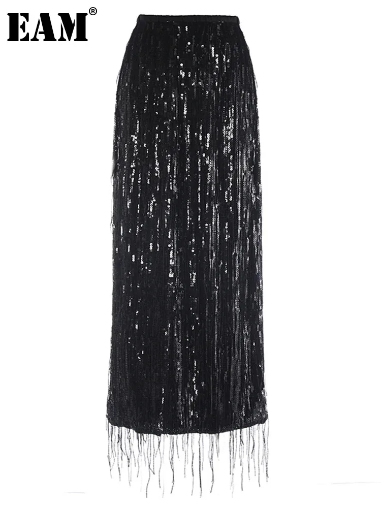 

[EAM] High Elastic Waist Black Sequins Tassels Elegant Shining Half-body Skirt Women Fashion Tide New Spring Autumn 2024 1DH5190