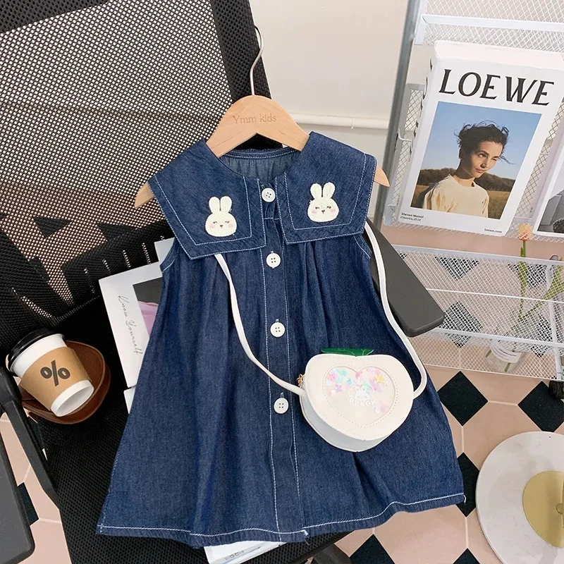 

Girls' Dress Summer Clothing New Baby Fashionable Dress Children's Fashion Denim Long Dress Children's Navy Neck Skirt