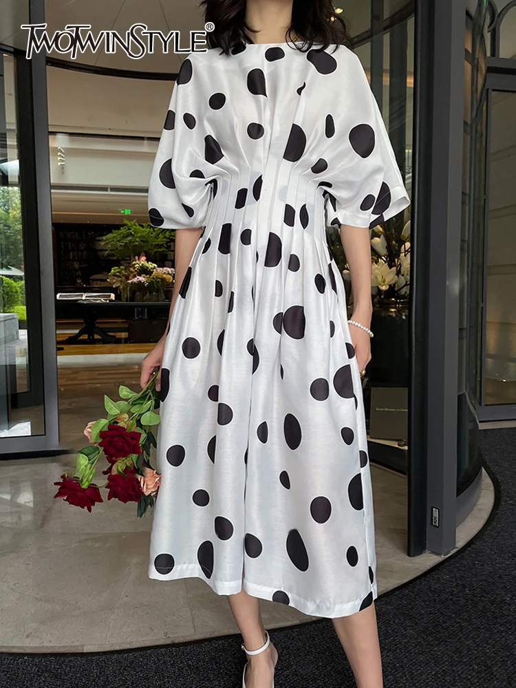

TWOTWINSTYLE Vintage Print Dot Dress For Women Round Neck Batwing Sleeve High Waist Colorblock Midi Dresses Female Clothing 2022