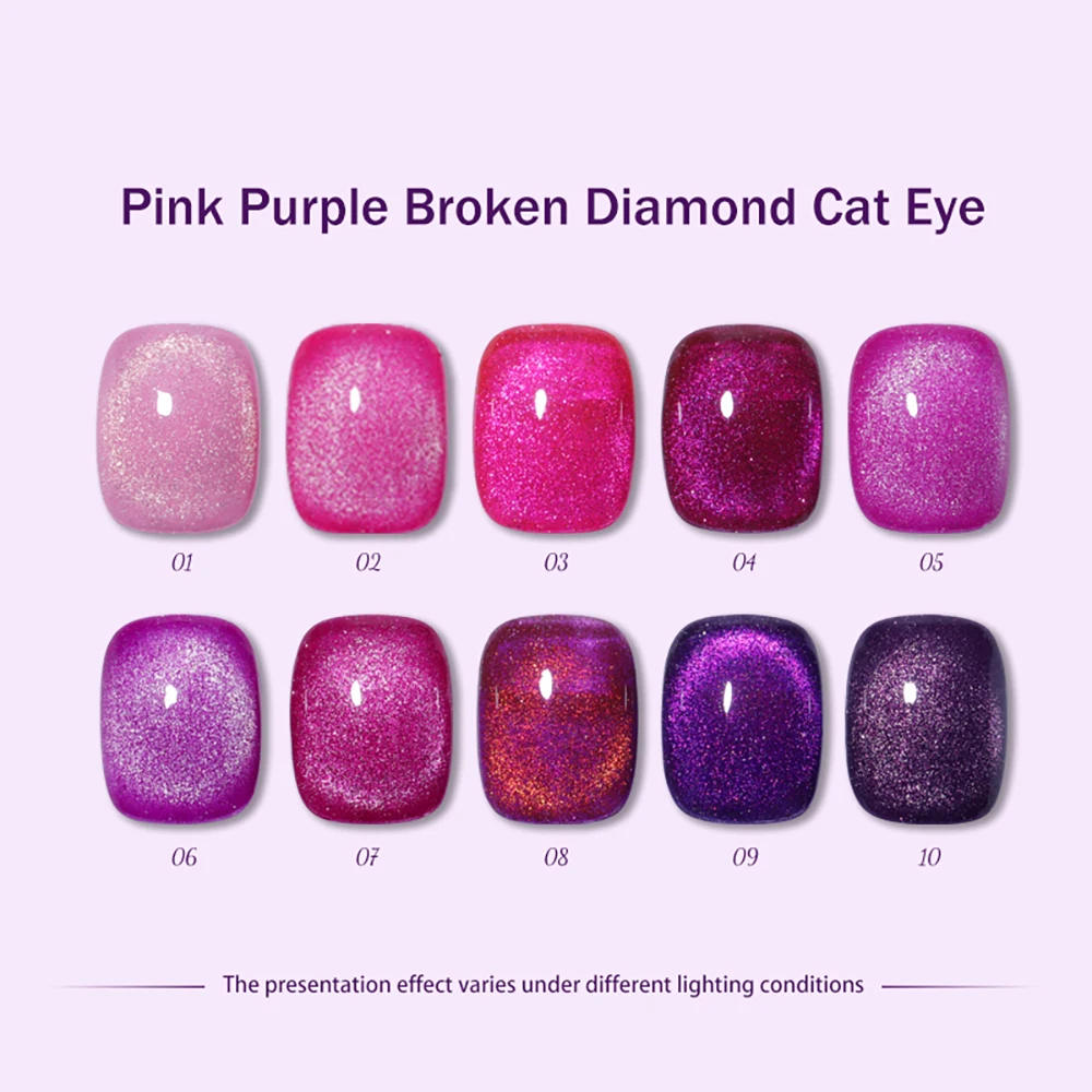 Vendeeni 10 Color Pink Purple Glitter Broken Diamond Cat Eye Nail Gel Polish Semi Permanent Magnetic UV LED Soak Off Gel Varnish 2
