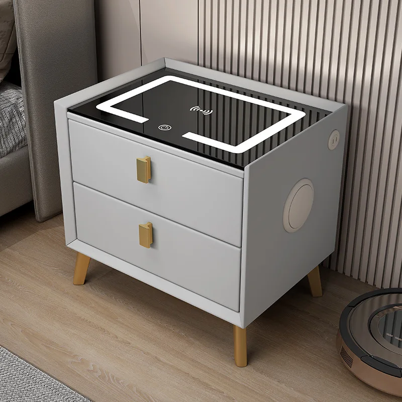 Wood Smart Bedside Table Simple USB LED Large Nightstand Modern Bedroom