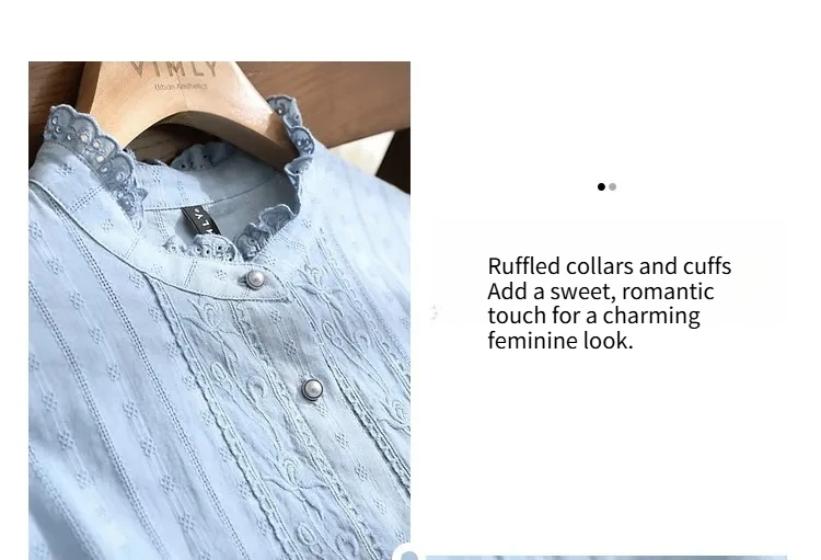 VIMLY Französische Stehkragenblusen für Damen 2026 Herbst Neu Rüschen Pendler-Blusen Bestickte Einfarbige Langarm-Damenoberteile V7990 – Detail 10