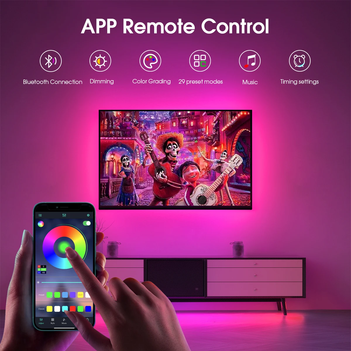 8MM 576LED/M 블루투스 RGB COB LED 스트립 빛 USB LED 테이프 리본 TV 백라이트 원격 디밍이 가능한 스마트 야간 조명