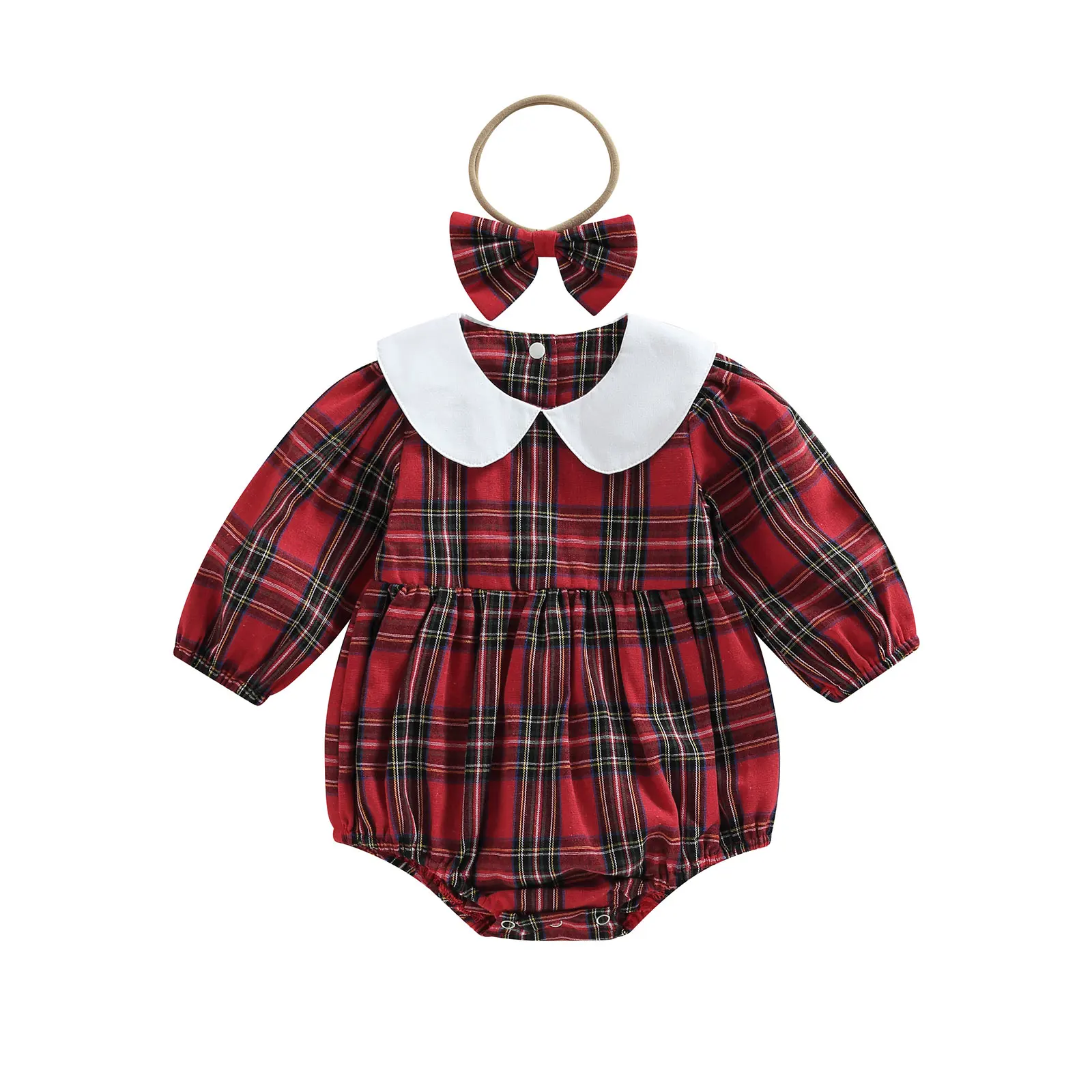 

Baby Christmas Girl Romper+ Headband Long Sleeve Plaid Round Neck Casual Fall Spring Short Jumpsuit