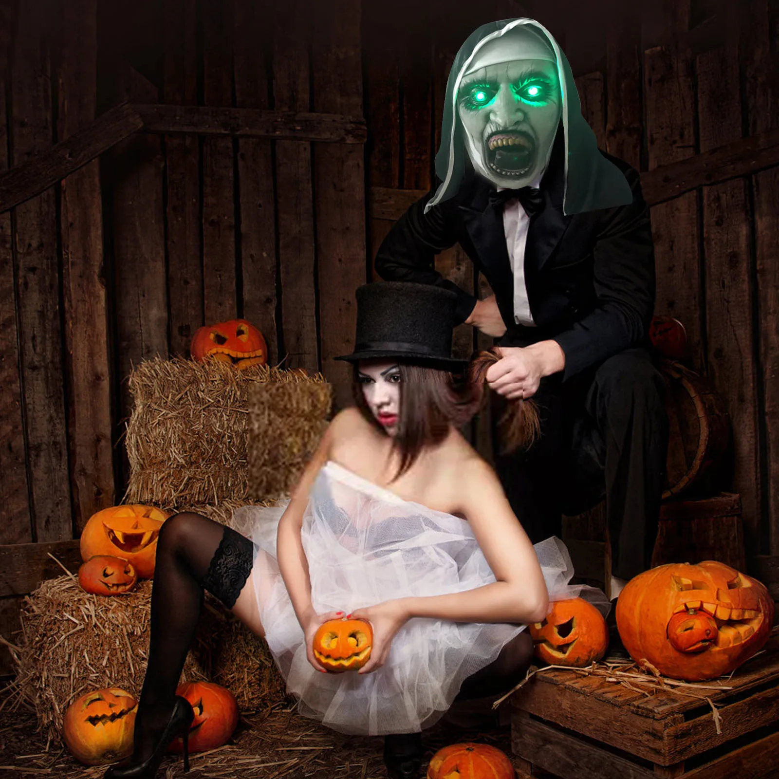 قناع اللاتكس الراهبة المخيف أقنعة مضيئة مع غطاء ال...