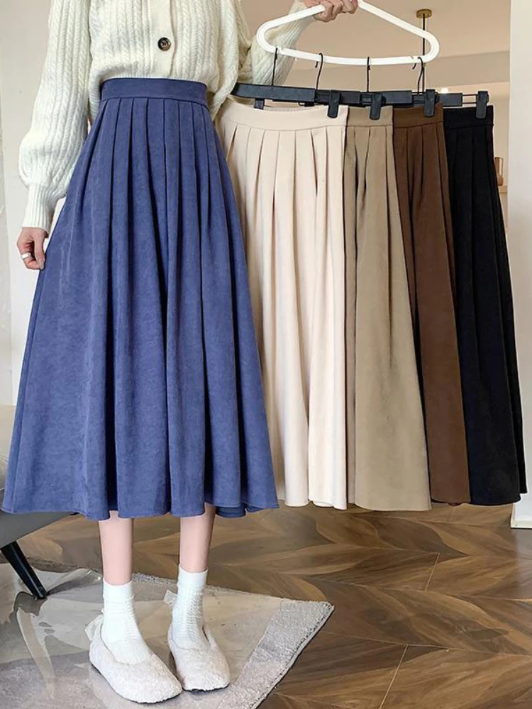 

Vintage Brown High Waist Pleated Skirt Women Korean Fashion College Style Long Skirt Ladies Autumn Casual A Line Skirts