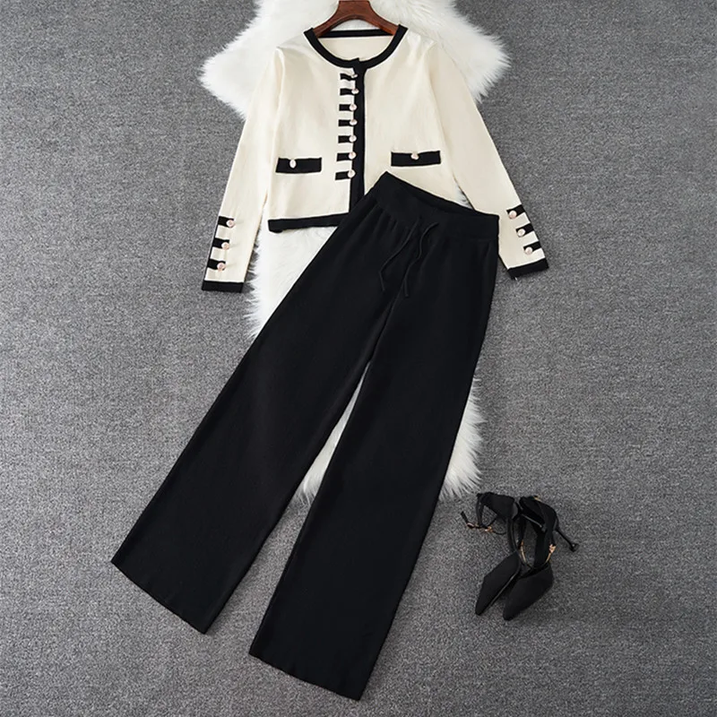 

2022 Winter Knitwear 2 Piece Suits Knitted Sweater Coat+Long Wide Leg Pants Casual Two Piece Set Tracksuits