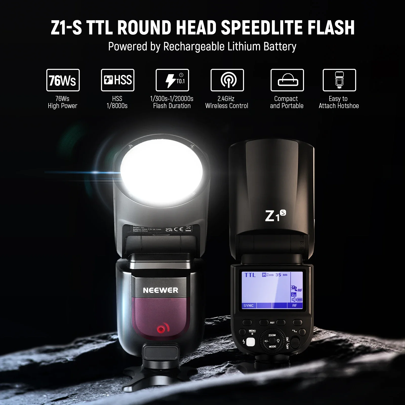 NEEWER Z1-S TTL 라운드 헤드 스피드라이트 플래시 키트( 카메라용), 76Ws 2.4G 1/8000s HSS 스피드라이트(모델링 램프 포함)