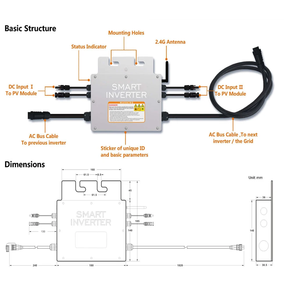 태양광 그리드 전압 마이크로 인버터 600W 700W 800W 태양광 변환기 모바일 WiFi DC 20-60V AC 120V 230V 방수 DC 연결