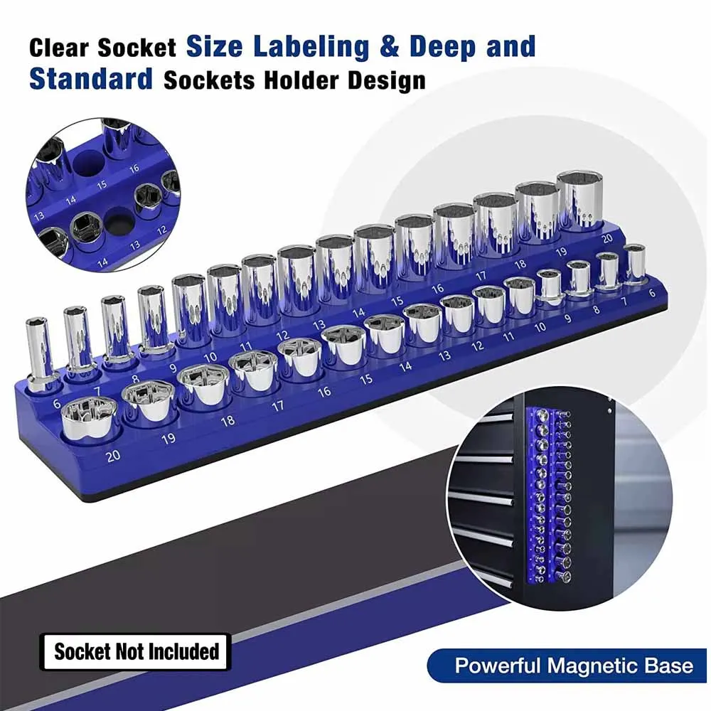 Professional 3Pieces Magnetic Socket Holder 1/4" 3/8" 1/2" inch Drive Metric/SAE Socket Organizer Storage Installation Tools Kit 4