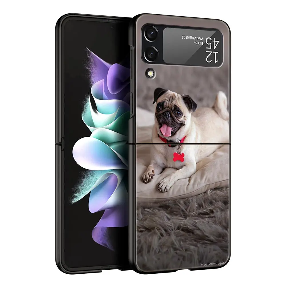 Folding Black Shell Phone Case with Cute Pug Design - PC Hard Cover
