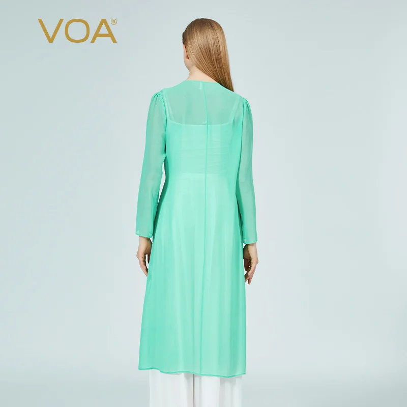 VOA Georgette 뽕나무 실크 에메랄드 그린 v 넥 페어 티드 실크 레이스 레이스 업 긴팔 썬 프로텍션 실크 카디건 자켓 WE191