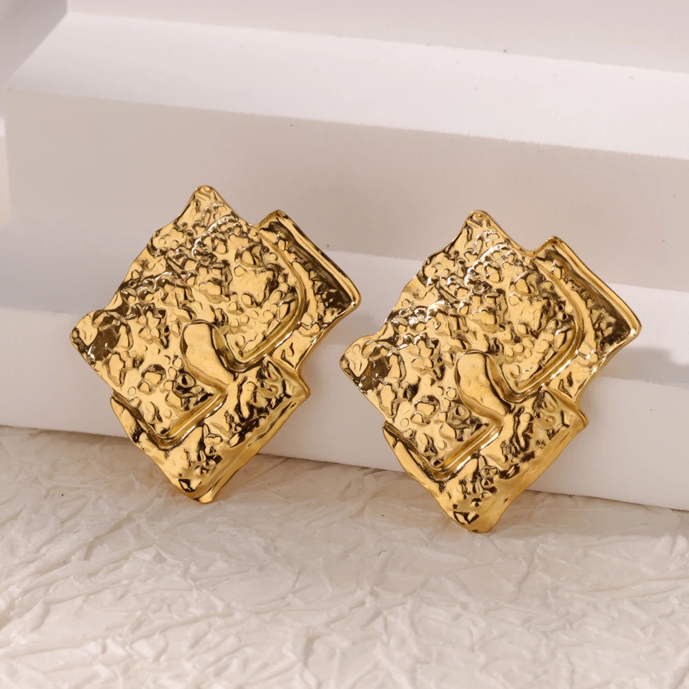 Stainless Steel Irregular Square Texture Stud Earrings for Women
