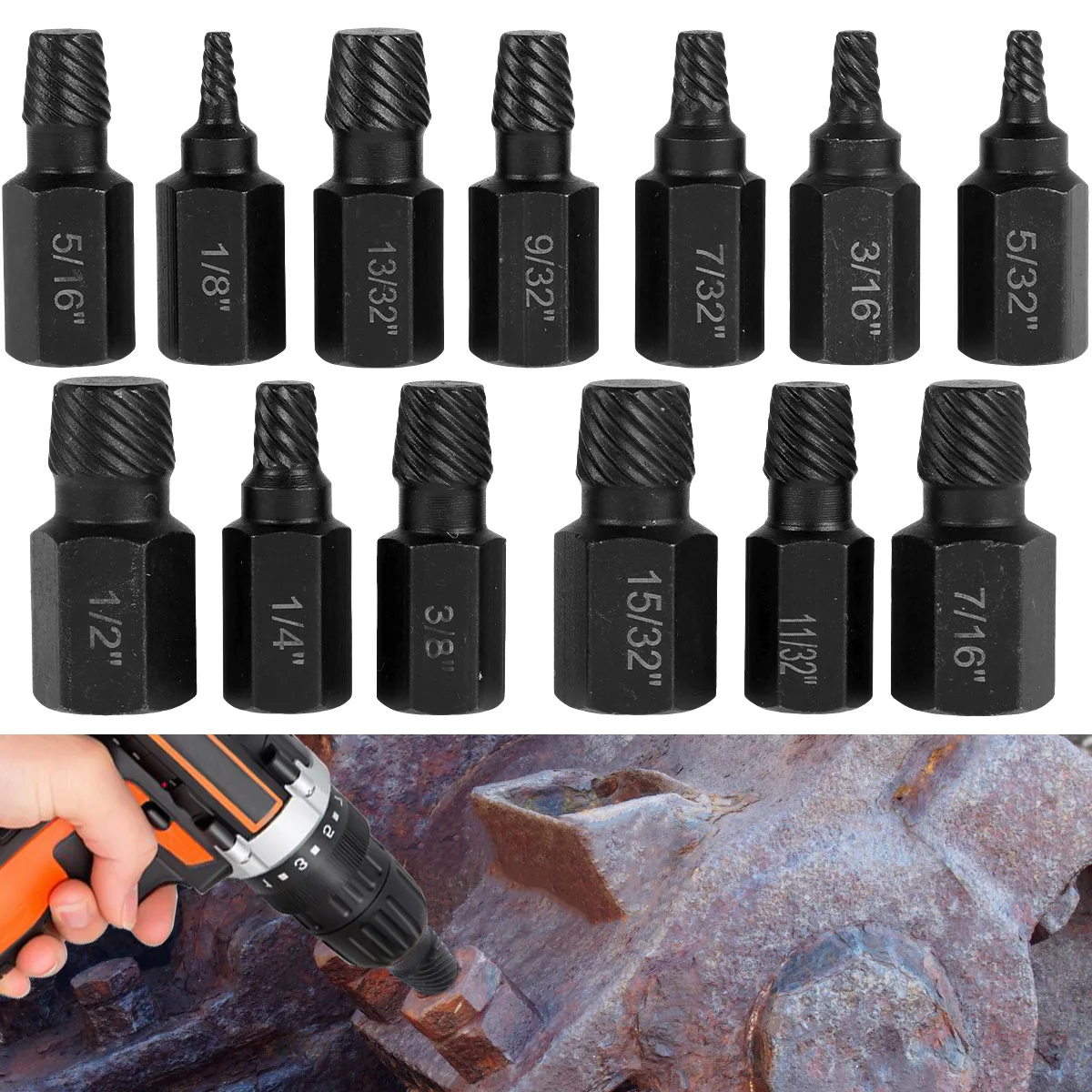 

13Pcs Screw Extractor Kit Alloy Steel Damaged Screw Remover Set Metal Easy Out Drill Bits Broken Bolt Stud Remover Multi-Spline