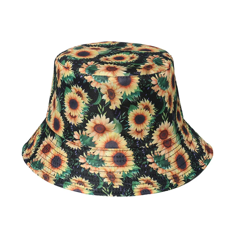 Fashion Women Sunflower Print Cotton Bucket Hats Spring Summer Girl Lady Outdoor Panama Fisherman Cap Hat For Women DropShipping green bucket hat Bucket Hats