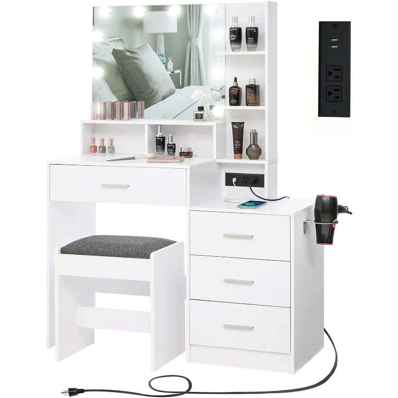 

usikey Large Vanity Table Set with Lighted Mirror & Charging Station, Makeup Dressing 4 Storage Shelves and