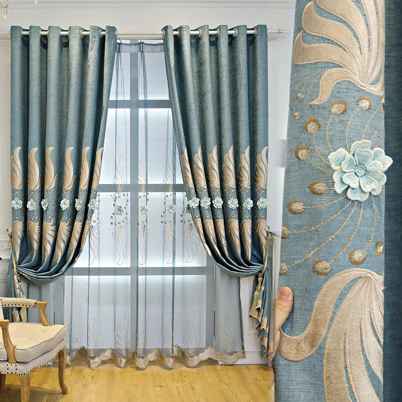 

European Style Curtains for Living Room Bedroom Dining Luxury Custom Blackout Embroidered High-end Blue Drape Curtain Shading