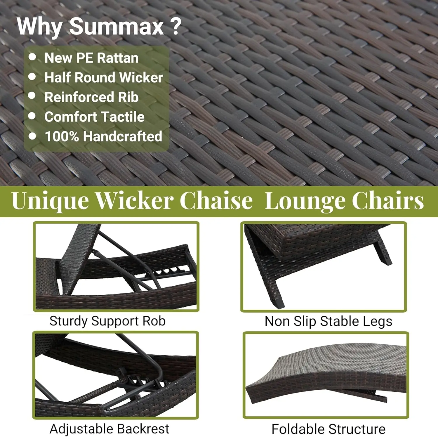 79'' Long Reclining Chair Set of 2 Cushions, PE Wicker Chaise Lounge for Beach/Poolside/Garden, Brown