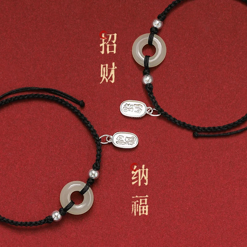 925 Sterling Silver Hetian Jade Peace Buckle Bracelet Red Rope Girls Woven Hand Rope Couple Style Hand Ornaments