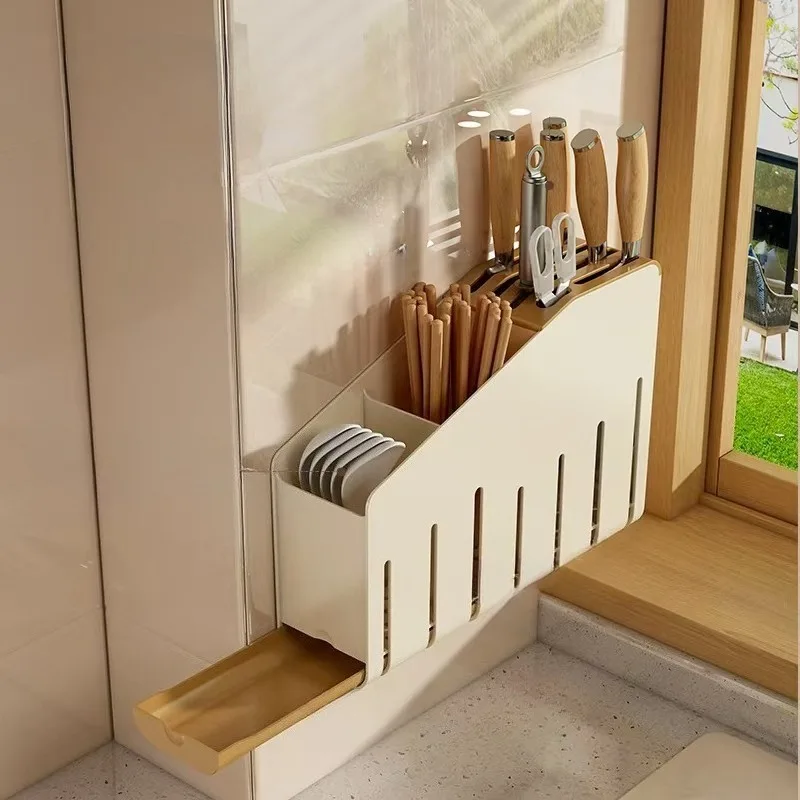 Multifunctional Wall-mounted Countertop Dual-use Cutlery Chopsticks Knife and Fork Storage Tube Draining Kitchen Shelf