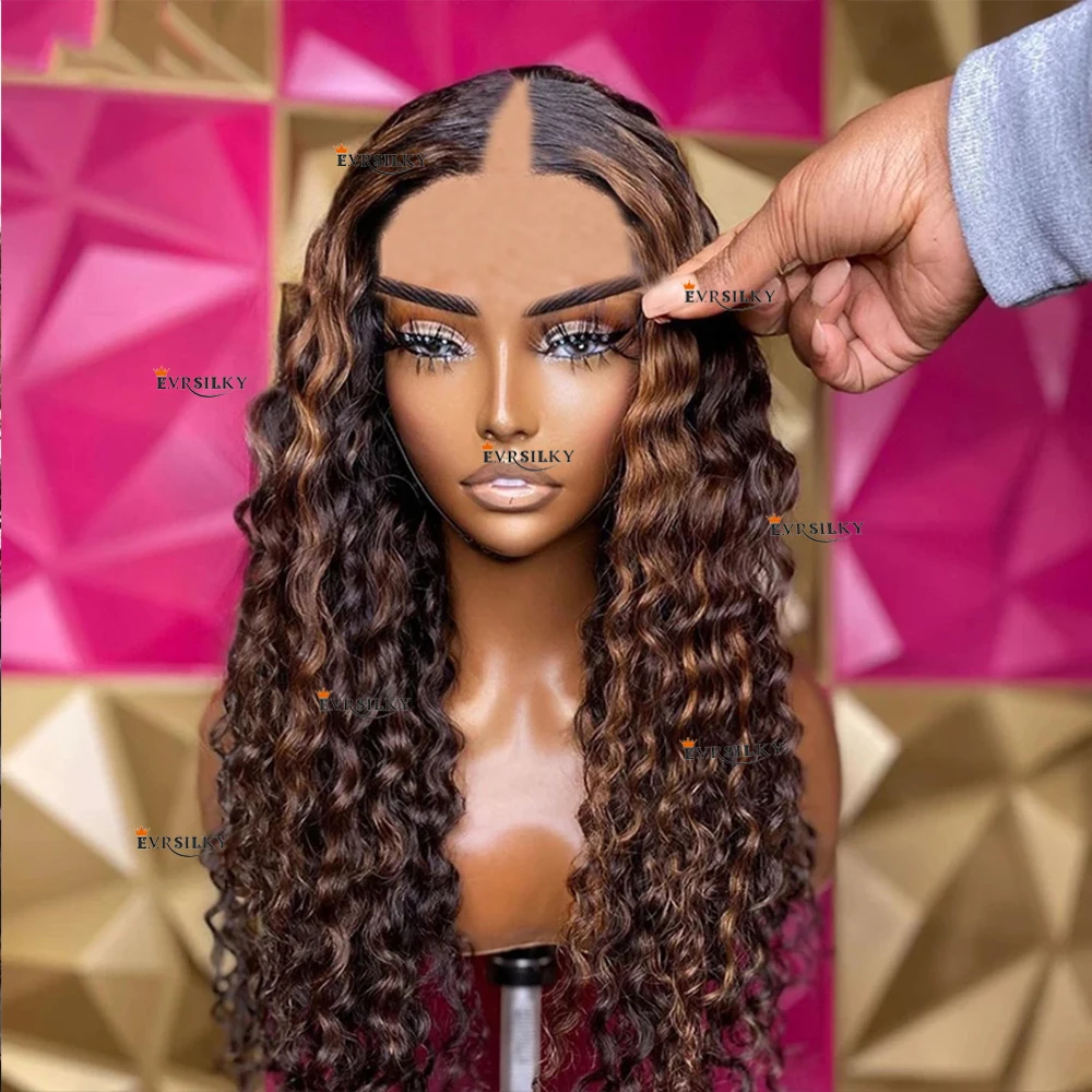 Highlight Chestnut Brown Kinky Curly Glueless V Part Wig With Clips 100% Indian Human Hair Chocolate Browns U Shape 250Density