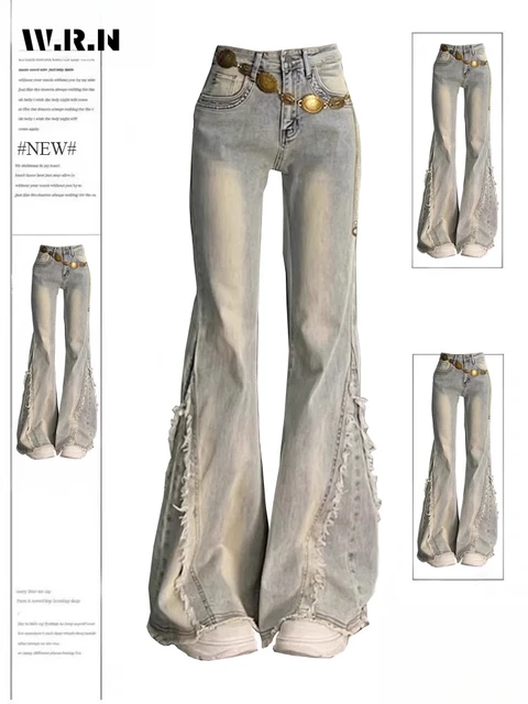 Vintage Casual Trashy Flared Pants Women's Y2K Tassels Full Length Denim Trouser Street Retro Grunge 2000s High Waist Jeans