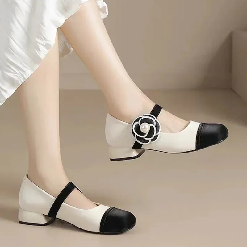 NEW Bead Flower Women Shoes 2024 Spring Mid Heels Shoes New Fashion Chunky Dress Lolita Shoes Shallow Pumps Fashion comfort