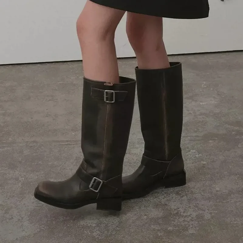 

Quality Women Shoes 2023 Round Toe Knee-High Boots Fashion Belt Buckle Women's Chelsea Boots Lady Casual Zip Booties Botas Mujer