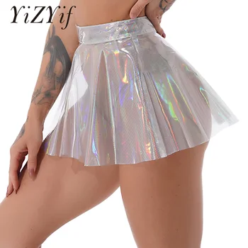 Women See-through Flared Skirt Bodycon Glossy Shiny Holographic High Waist Mini Skirt Rave Party Stage Performance Clubwear