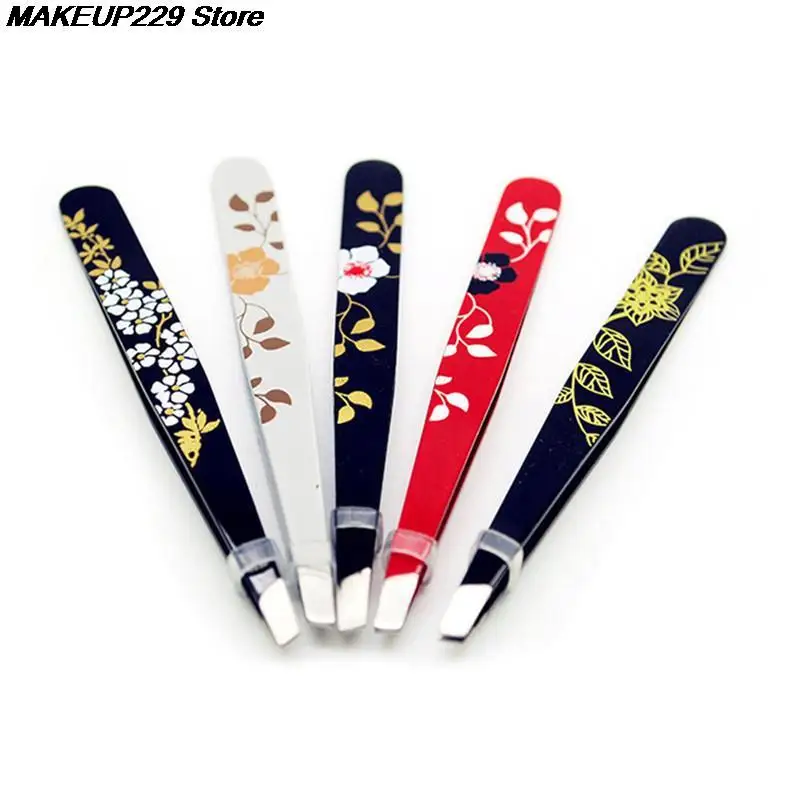 1pc Stainless Steel Eyebrow Tweezer Flower Printed Eyebrow Tweezer Slant Tip Hair Removal Makeup Tool 5