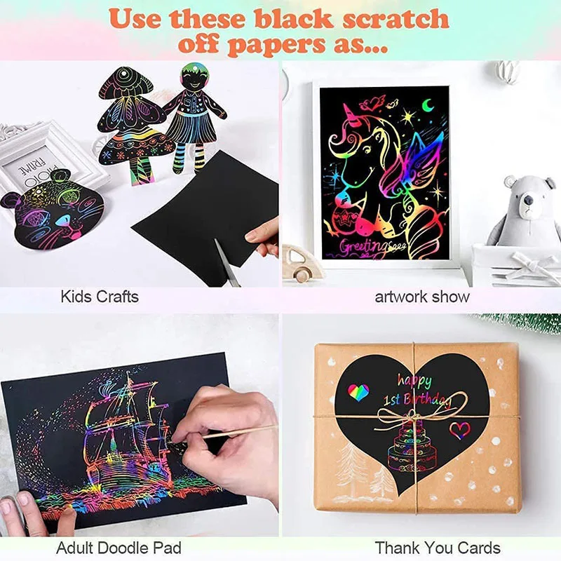 16/60Pcs Scratch Paper Kids Rainbow Magic Scratch Off Paper Sheets Art Craft Kit Black Note Paper Drawing Pads with Stencils 4