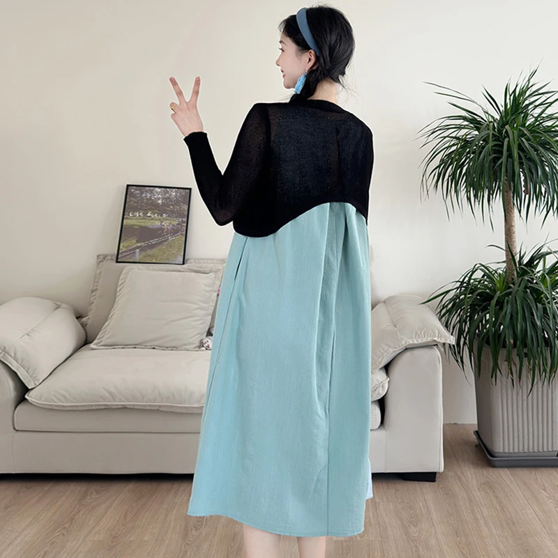 New Maternity Suit French Style Cyan Dress + Black Shawl Two Piece Woman Fashion Long Dress Pregnant Woman Summer Clothes Set
