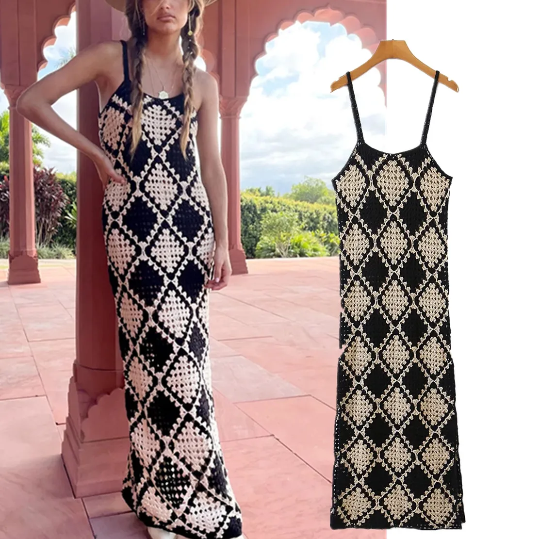 

Dave&Di Embroidery Knitted Handmade Sexy Suspender Dress Women Indie Folk Morocco Style Bohemian Vintage Geometry Dress