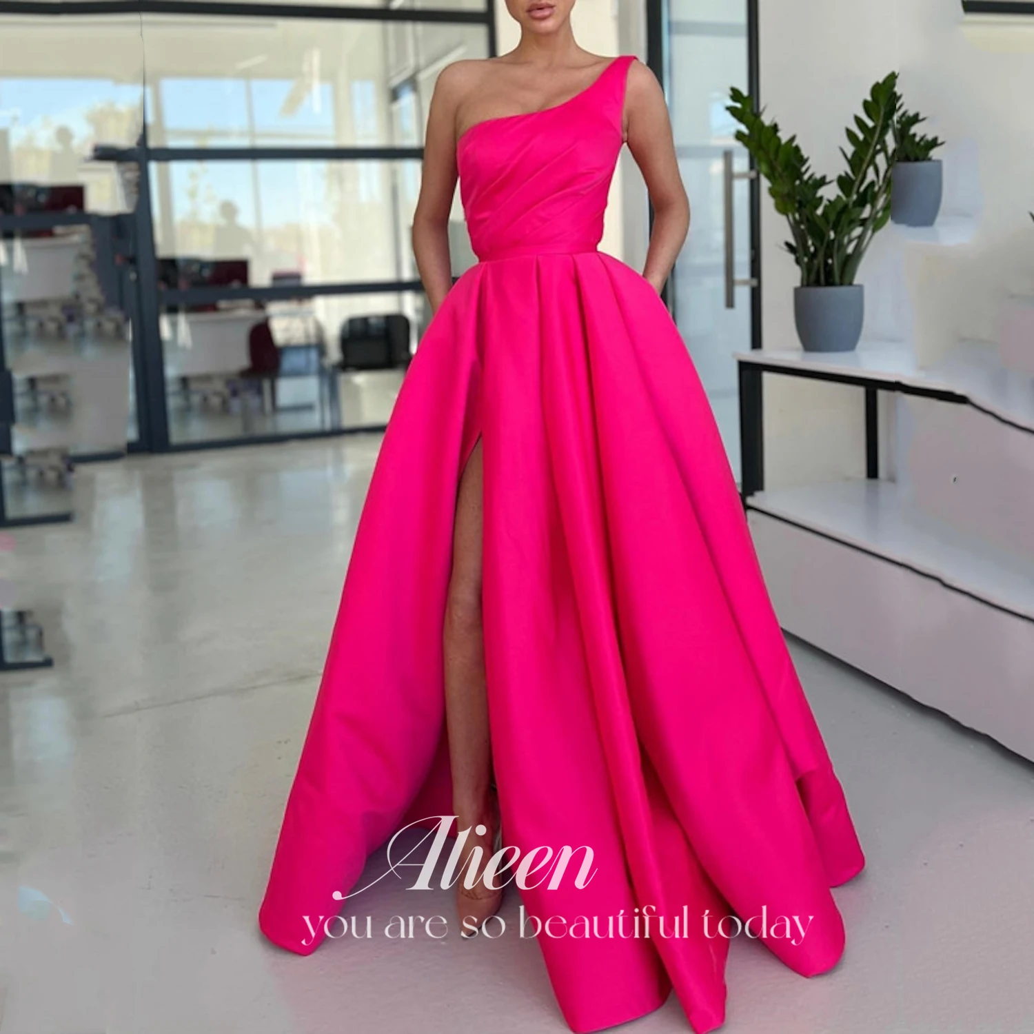 

Aileen Long Dresses for Wedding Party Dresses Woman Satin Line A Sloping Shoulders Hot Pink Evening Gown One Piece Dress Prom