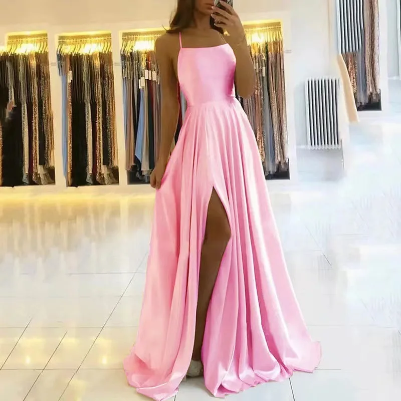 Burgundy Satin Beach Maxi Women Dress For Christmas Sexy Side Slit Adjustable Straps Evening Prom Dress Cheap Bridesmaid Dresses