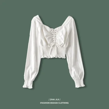 2022 새로운 여성 복고풍 사각 칼라 칼라 본 짧은 탑 스트랩 긴 소매 궁전 스타일 퍼프 소매 셔츠