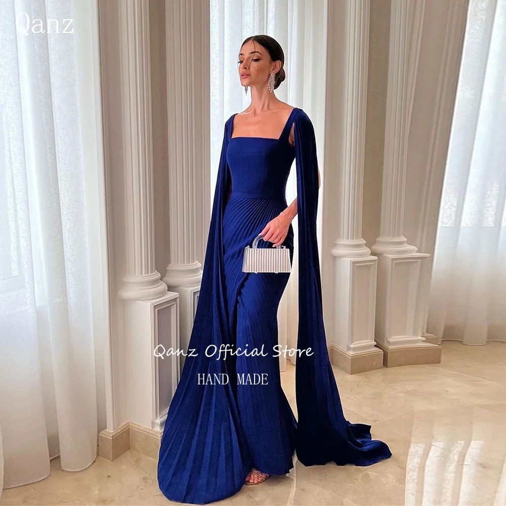 

Qanz Vintage Evening Dresses Mermaid Long Cap Sleeves Slit Satin Formal Occasion Dresses Square Neck Pleat Abendkleider Dubai