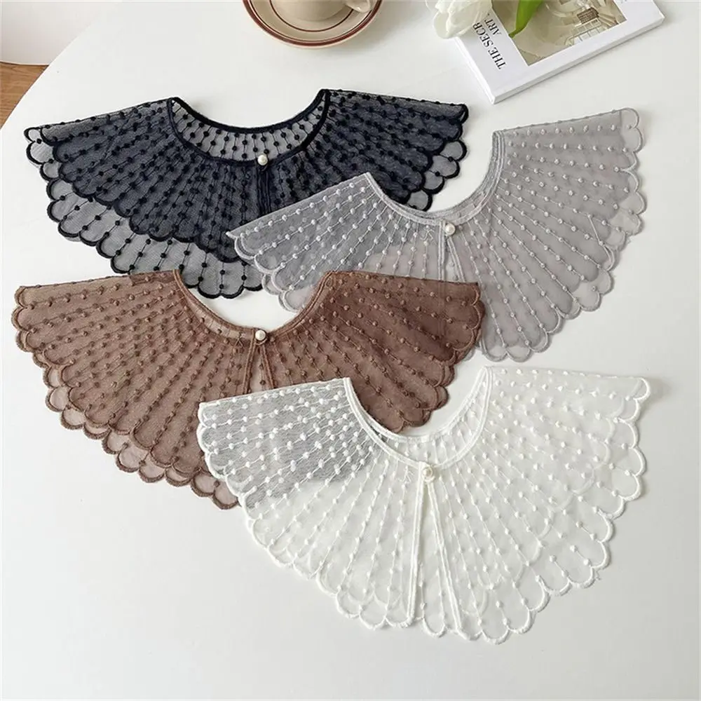 

Solid Color Fake Collar Casual Pearls Embroidered Detachable Collar Lace Shawl Shirt
