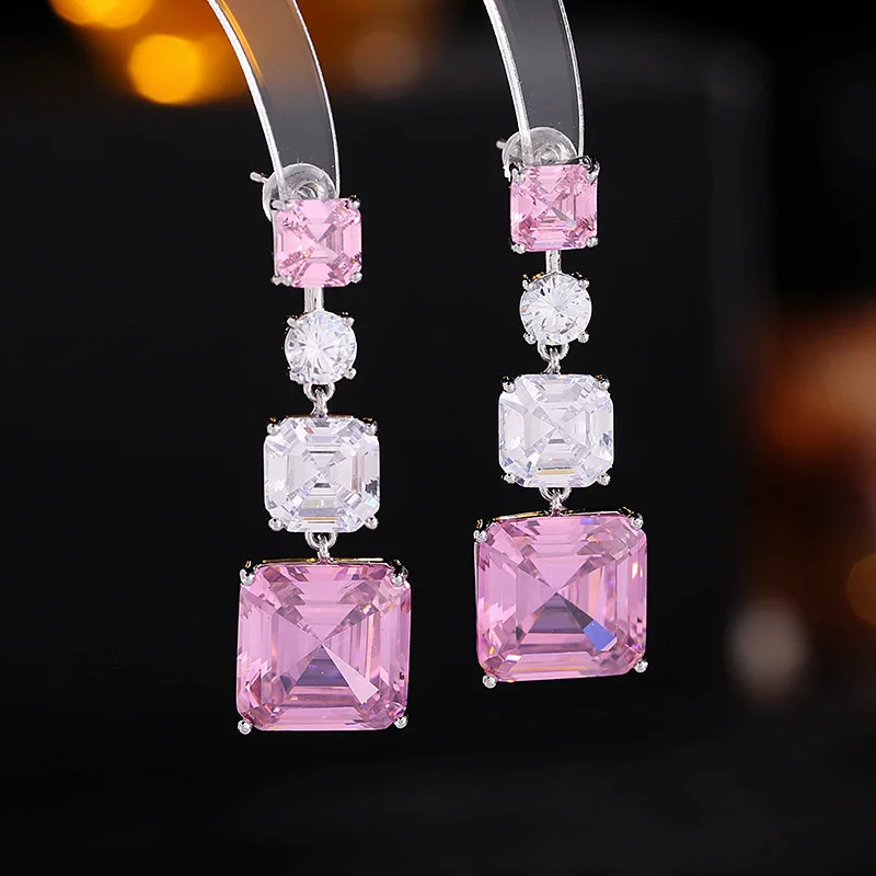 

Shining Cubic Zirconia Geometric Square Dangle Earings 925 Silver Needle Romantic Wedding Party Jewelry Gold Plated Eardrop