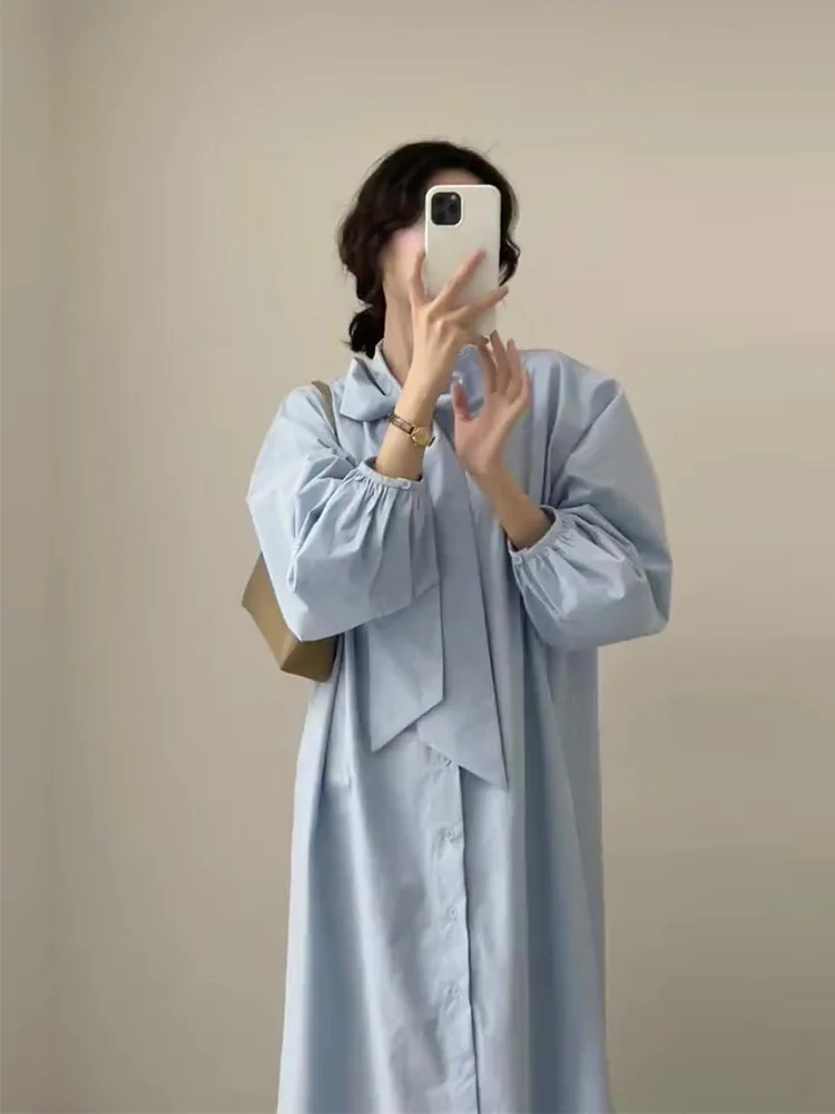 

Blue Gentle Straight Sleeve Long Sleeve Shirt Dress Women's Spring Small Fresh Bow Tie Skirt Fat mm Covers the Belly and Slim