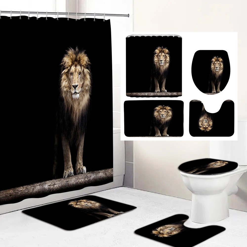 

Lion Black Shower Curtain Bathroom Set Waterproof Polyester Bath Curtains Pedestal Anti-slip Carpet Toilet Lid Cover Floor Mats